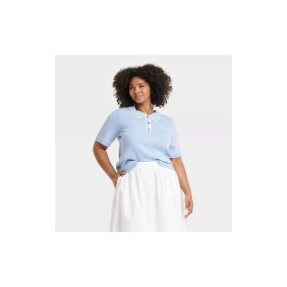 Women's Short Sleeve Polo Collar Pullover Sweater Blue - A New Day 1X NWT - Picture 1 of 6